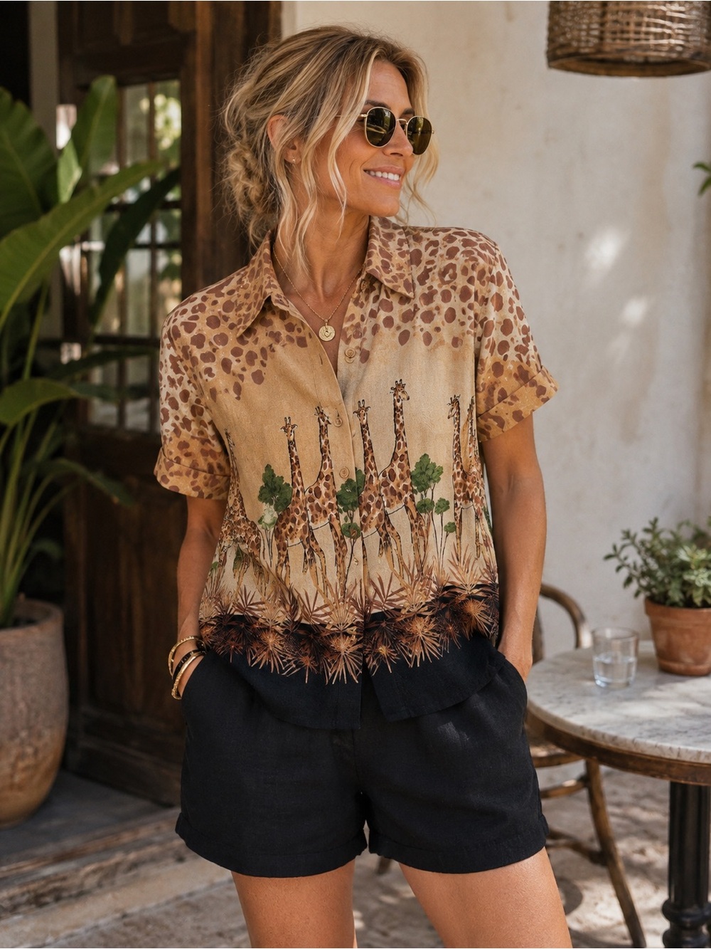 CAPACITY Tan Brown Green Linen Vintage Giraffe Animal Print Button Up Zoo Shirt